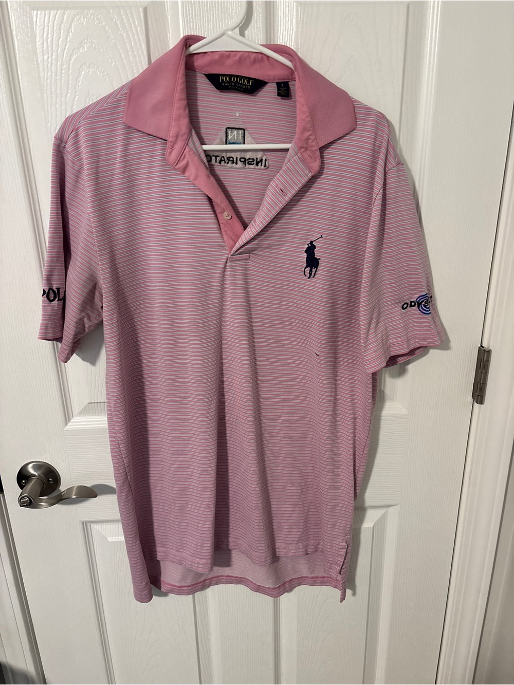 Polo by Ralph Lauren Light Pink Striped Golf Polo with Navy Logo